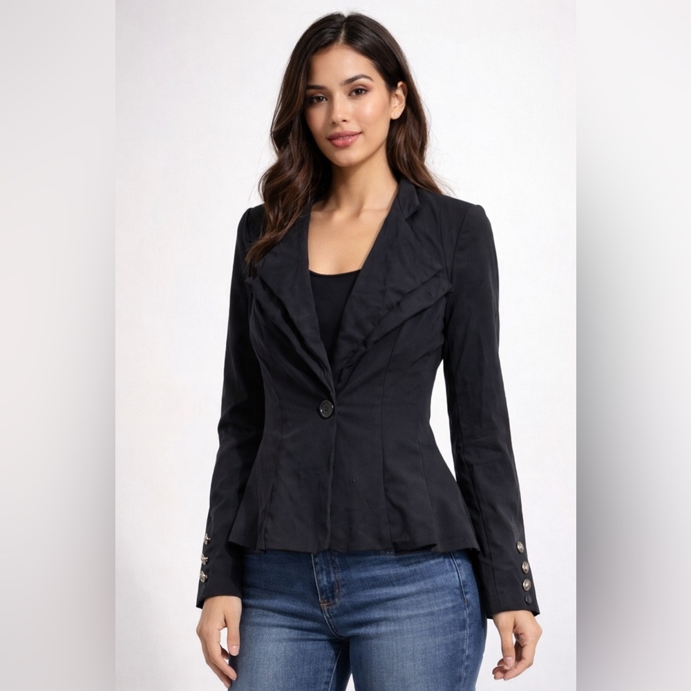 Hybrid & Company Black Peplum Blazer Women’s Size M Button Front Ruffle Lapel